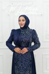 Reyhan Ful Taş Detay Saten Pelerinli Kalem Tesettür Abiye Lacivert Lacivert