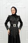 Krista Taş Detay Kemerli Saten Kloş Tesettür Abiye Siyah Siyah