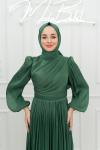 Beyza Pilise Balon Kol Işıltı Kumaş Kalem Tesettür Abiye Çağla Yeşili Yeşil