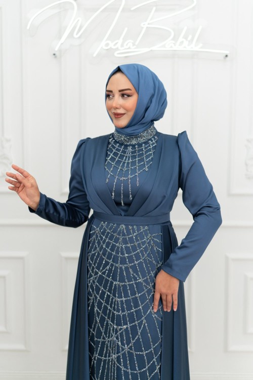 Sabina Göğüs V Manşet Ful Taş Detay Saten Pelerinli Kalem Tesettür Abiye İndigo İndigo