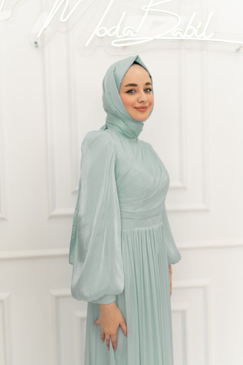 Beyza Pilise Balon Kol Işıltı Kumaş Kalem Tesettür Abiye Mint Yeşili Mint Yeşili