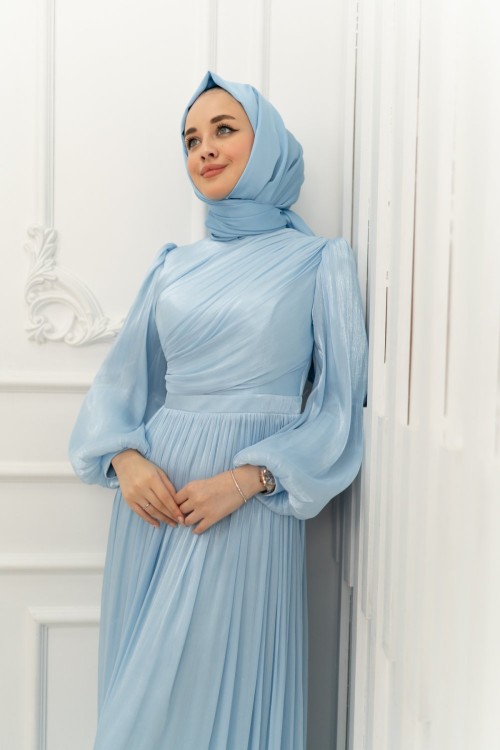 Beyza Pilise Balon Kol Işıltı Kumaş Kalem Tesettür Abiye Bebe Mavisi Bebe Mavisi