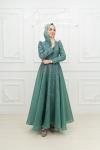  Ful Taş Detay Organize Kumaş Tesettür Kloş Prenses Abiye Mint Yeşili Mint Yeşili