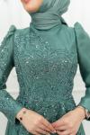  Ful Taş Detay Organize Kumaş Tesettür Kloş Prenses Abiye Mint Yeşili Mint Yeşili
