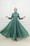  Ful Taş Detay Organize Kumaş Tesettür Kloş Prenses Abiye Mint Yeşili Mint Yeşili