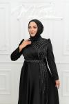 Gülnaz Göğüs ve Etek Şerit Taşlı Saten Kumaş Kloş Tesettür Abiye Siyah Siyah