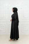 Gülnaz Göğüs ve Etek Şerit Taşlı Saten Kumaş Kloş Tesettür Abiye Siyah Siyah