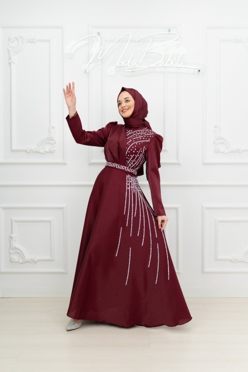 Karen Göğüs ve Etek Şerit Taşlı krep Saten Kumaş Kloş Tesettür Abiye Bordo Bordo