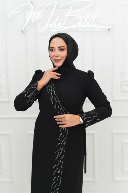 Sinem Ön çapraz Parçalı Taş Detay Krep Tesettür Abiye Siyah Siyah