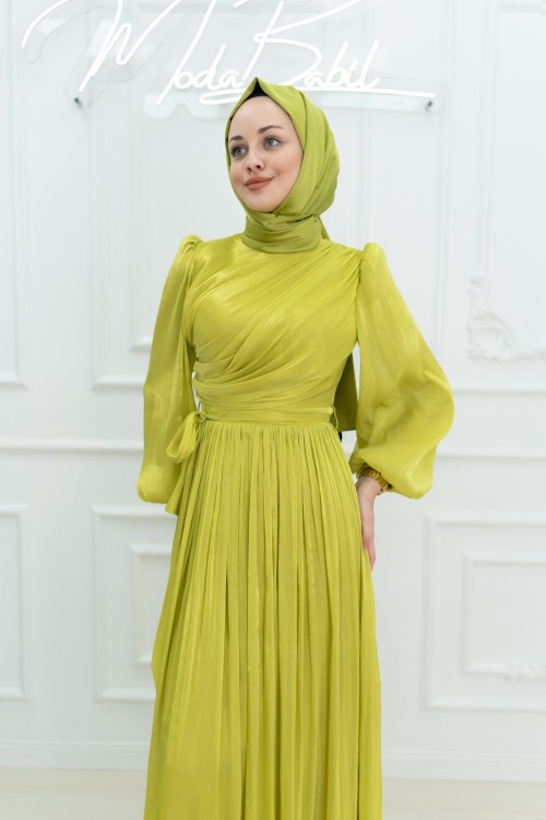 Beyza Pilise Balon Kol Işıltı Kumaş Kalem Tesettür Abiye Yağ Yeşili Yağ Yeşili