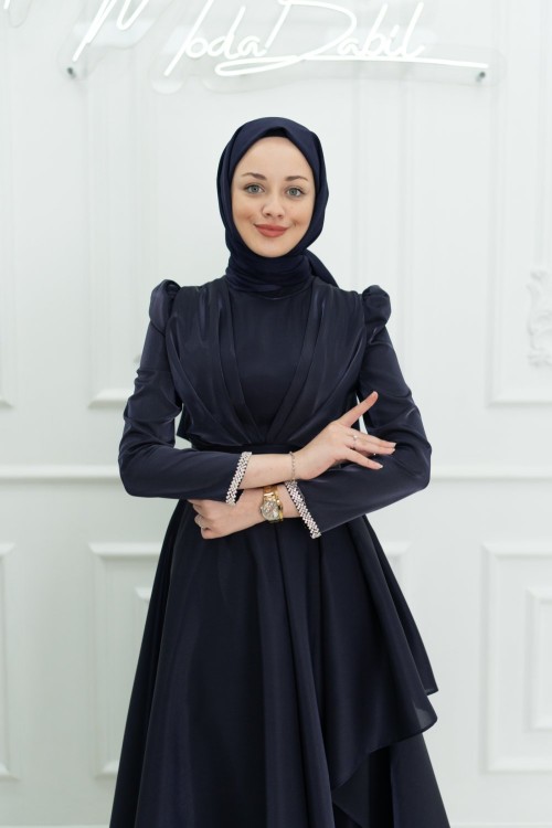 Zehra Bilek Taş Detay Organze Kumaş Tesettür Prenses Abiye Lacivert Lacivert