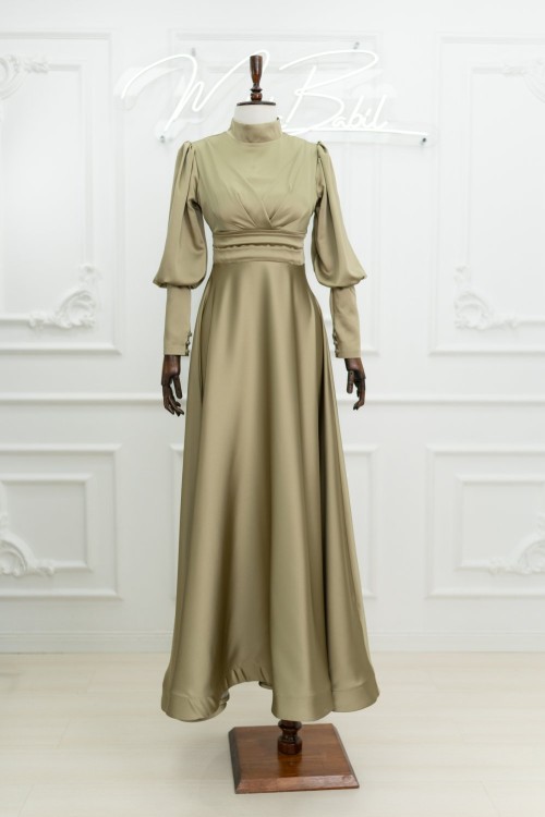 Begonya Balon Kol Asetat Saten Kloş Abiye Haki Haki