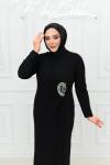 Simge Bel Büzgü Ve Taş Detay Esnek Örme Kumaş Kalem Tesettür Abiye Siyah Siyah