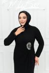 Simge Bel Büzgü Ve Taş Detay Esnek Örme Kumaş Kalem Tesettür Abiye Siyah Siyah