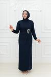 Simge Bel Büzgü Ve Taş Detay Esnek Örme Kumaş Kalem Tesettür Abiye Lacivert Lacivert