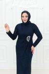 Simge Bel Büzgü Ve Taş Detay Esnek Örme Kumaş Kalem Tesettür Abiye Lacivert Lacivert
