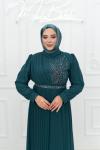 Liba Göğüs Taş Pilise Detay Şifon Kemerli Tesettür Kloş Abiye Petrol Mavisi Petrol Mavisi