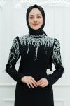 Meri Üst Taş Detay Krep Kumaş Kalem Tesettür Abiye Siyah Siyah