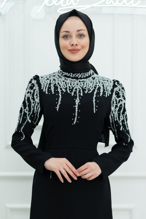 Meri Üst Taş Detay Krep Kumaş Kalem Tesettür Abiye Siyah Siyah