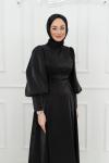  Aylin Manşetli Balon Kol Yan bağlamalı Organze kumaş Tesettür Abiye Siyah Siyah