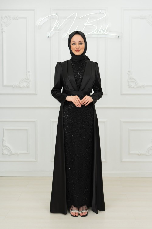 Zeliha Göğüs V Manşet Ful Taş İşlemeli Saten Pelerinli Kalem Tesettür Abiye Siyah Siyah