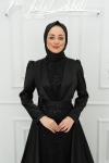 Zeliha Göğüs V Manşet Ful Taş İşlemeli Saten Pelerinli Kalem Tesettür Abiye Siyah Siyah