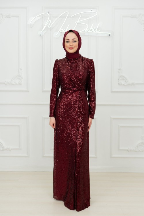 Leman Bel Büzgülü Yan Parçalı Pul Payet Balık Tesettür Abiye Bordo Bordo