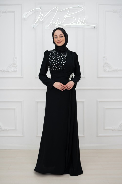 Eftelya Göğüs Taşlı Yan Parça Detay Krep Tesettür Abiye Siyah Siyah