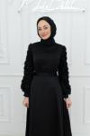 Gülzade Etek Ve Kol Gül Detay Kloş Saten Tesettür Abiye Siyah Siyah