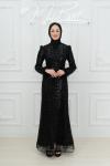 Meral Tül Boncuk Taş İşlemeli Balık Tesettür Abiye Siyah  Siyah