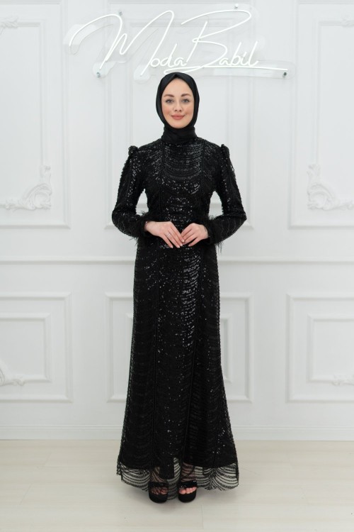 Meral Tül Boncuk Taş İşlemeli Balık Tesettür Abiye Siyah  Siyah