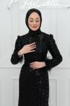 Meral Tül Boncuk Taş İşlemeli Balık Tesettür Abiye Siyah  Siyah