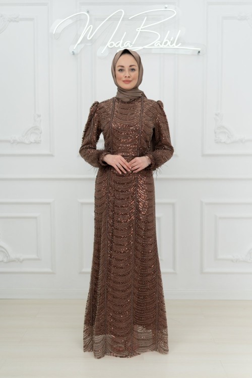 Meral Tül Boncuk Taş İşlemeli Balık Tesettür Abiye Kahve Kahverengi