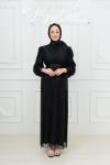  Eslem Kol Fiyonk Detay Taşlı Tül Kalem Tesettür Abiye Siyah Siyah