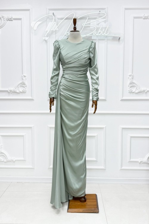 Frezya Pelerin Drape Detay Saten Kalem Tesettür Abiye Mint Yeşili Mint Yeşili