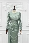 Frezya Pelerin Drape Detay Saten Kalem Tesettür Abiye Mint Yeşili Mint Yeşili