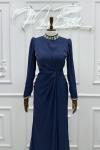 Luna Bilek Ve Yaka Taş Detay Işıltı Kumaş Kalem Tesettür Abiye Lacivert Lacivert