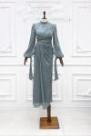 Deren Yan Düğüm Detay Işıltı Kumaş Kalem Tesettür Abiye Koyu Mint  Koyu Yeşil