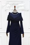 Bade Omuz Detay Gerdanı Taş Kalem Tesettür Abiye Lacivert Lacivert