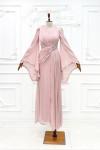 Demet Kol Fırfırlı Bel Taşlı Işıltı Kumaş Kalem Tesettür Pudra Pudra