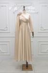 Nurçin Gül Detay Saten kumaş Kloş Tesettür Abiye Krem Krem