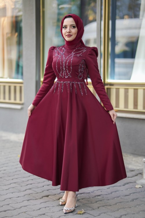 Zerra Prenses Midi Boy Taş Detay Tafta Abiye Bordo Bordo