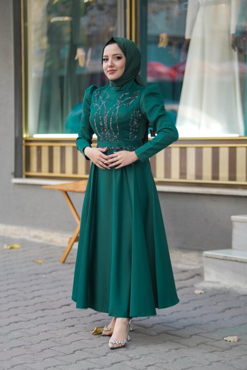 Zerra Prenses Midi Boy Taş Detay Tafta Abiye Yeşil Yeşil