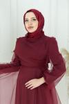 Helen  Omuz Kuşak  Kabarık Dalya Kumaş Kloş Abiye Bordo Bordo