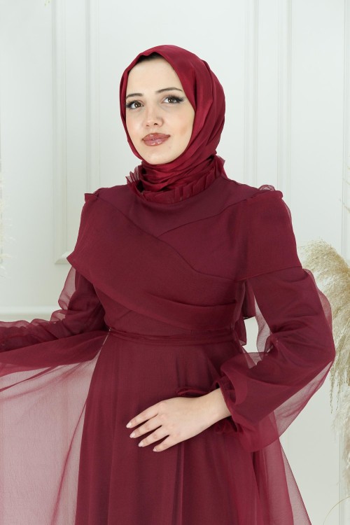 Helen  Omuz Kuşak  Kabarık Dalya Kumaş Kloş Abiye Bordo Bordo
