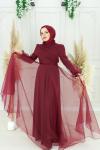 Helen  Omuz Kuşak  Kabarık Dalya Kumaş Kloş Abiye Bordo Bordo