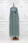 Sevda Göğüs Drape Yaka Taşlı ve Omuz Pelerinli Kalem Tesettür Abiye Soft Mint Soft Mint