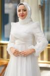 Helen  Omuz Kuşak  Kabarık Dalya Kumaş Kloş Abiye Beyaz Beyaz