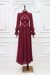 Umay Taşlı Ve Korseli Şİfon Kumaş Kloş Tesettür Abiye Bordo Bordo