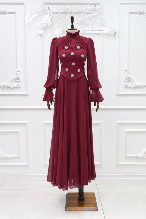 Umay Taşlı Ve Korseli Şİfon Kumaş Kloş Tesettür Abiye Bordo Bordo